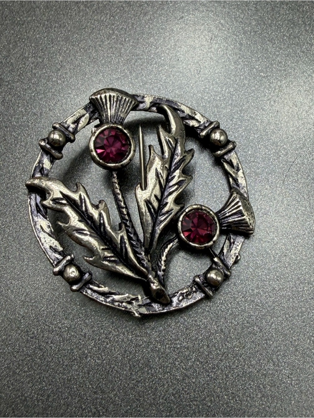Vintage Silver Thistle Brooch with Amethyst Stones #cz534